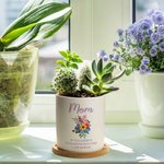 Personalized Beautiful Bouquet Ceramic Plant Pot and Bamboo Base with Name Birthday Mother's Day Gift for Mother Grandmother