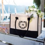 Personalised Flower Wreath Initial Canvas Tote Bag with Waterproof Liner Beach Party Birthday Gift for Women