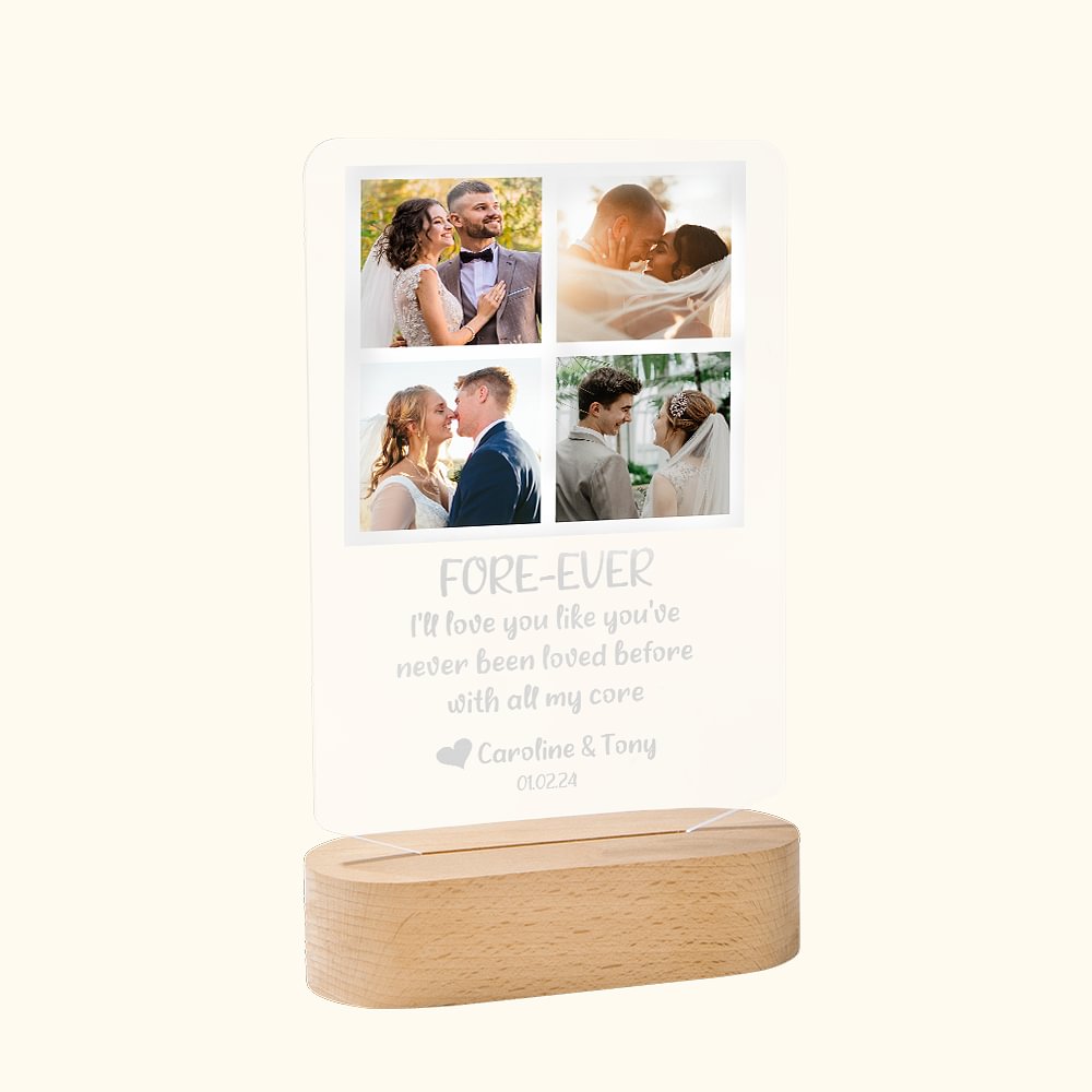 Luce notturna a LED personalizzata con collage di 4 foto e base in legno Regalo di anniversario di matrimonio per la coppia