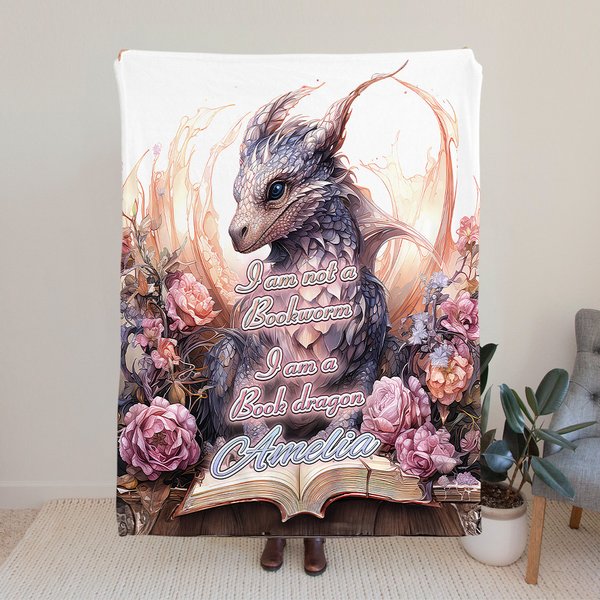 Floral Book Dragon Soft Blanket with Name Embroidered