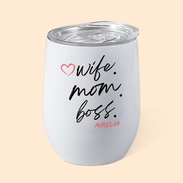 Personalizzato Moglie Mamma Boss 12 oz isolato vino Tumbler tazza di caffè con nome e spazzola per la pulizia della cannuccia Compleanno regalo per la