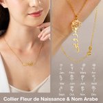 Collier Personnalisé Prénom Arabe avec Fleur de Naissance Cadeaux Fête des Mères pour Maman