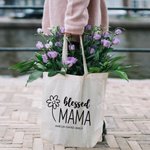 Gepersonaliseerde Gezegende Mama Canvas Draagtas met Tekst en Bloemen Element Moederdag Verjaardagscadeau voor Mama Oma
