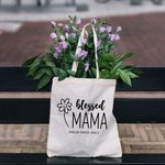 Gepersonaliseerde Gezegende Mama Canvas Draagtas met Tekst en Bloemen Element Moederdag Verjaardagscadeau voor Mama Oma