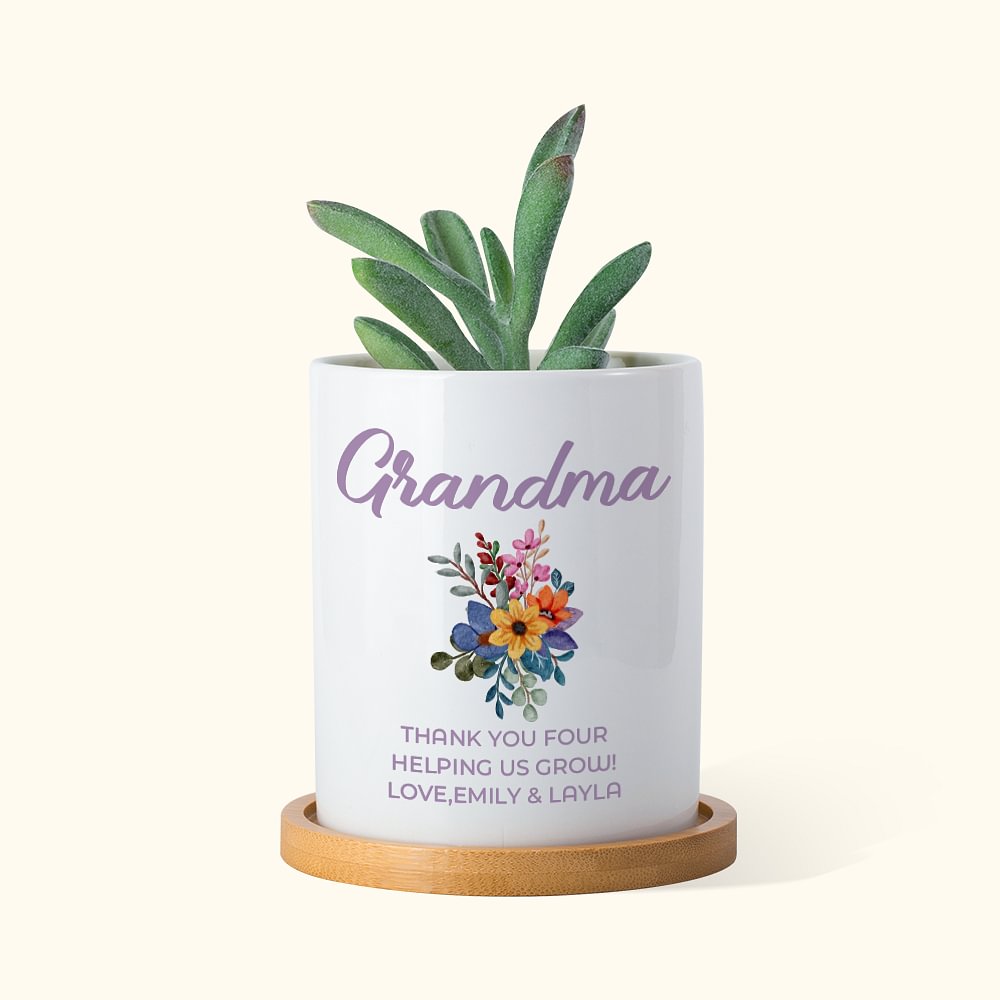 Pot à Plantes en Céramique Personnalisé avec Nom Motif Bouquet Socle en Bambou Cadeau Anniversaire Fête des Mères pour Mère Grand-Mère