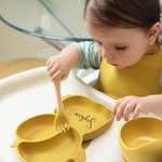 Gepersonaliseerde Food Grade Silicone Olifant Baby Voedingsset met Verdeelde Zuigplaat Baby Shower Gift voor Peuter