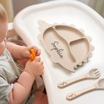 Gepersonaliseerde Food Grade Silicone Olifant Baby Voedingsset met Verdeelde Zuigplaat Baby Shower Gift voor Peuter