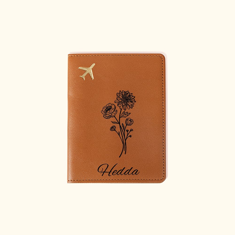 Couverture de Passeport Personnalisée avec Nom et Fleur de Naissance à Langage Floral Optionnel Cadeau Mariage Voyage Anniversarie pour Femme