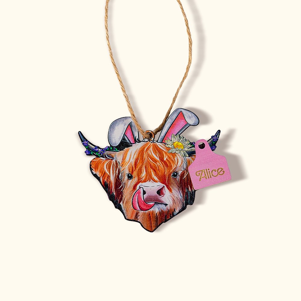 Etiquette de Vache Highland en Bois Personnalisée avec Nom Accessoire pour Panier Cadeau d'Anniversaire pour Amoureux des Vaches Highland