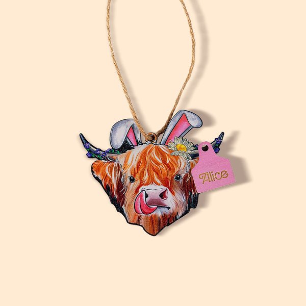 Personalisierte Hasenohren Hochland Kuh Korb Holzschild mit Namen Geburtstag Ostern Tag Geschenk für Hochland Kuh Liebhaber