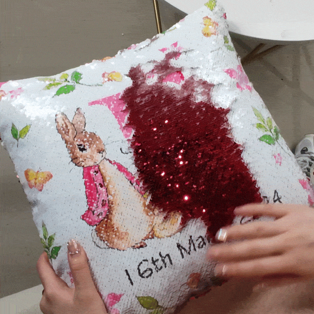 Personalized Peter Rabbit Sequin Throw Pillow Cover with Initial Name and Date Bunny Holiday Decoration Birthday Easter Gift for Kid