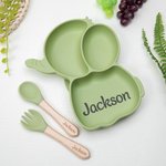 Gepersonaliseerde Food Grade Silicone Olifant Baby Voedingsset met Verdeelde Zuigplaat Baby Shower Gift voor Peuter