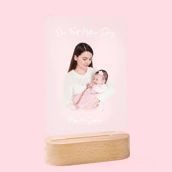 Plaque en Acrylique Personnalisée avec Texte et Photo Veilleuse LED Base en Bois Cadeau Fête Anniversaire pour Maman