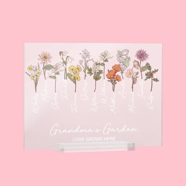 Personalised Watercolour Birth Flower Acrylic Plaque with 1-15 Names Home Decoration Birthday Mother's Day Gift for Mom Grandma