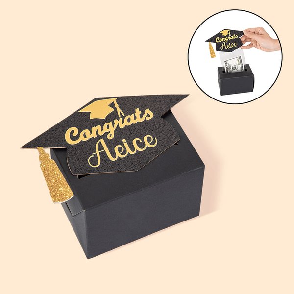 Personalisierte Glitter Graduation Cap Pull Out Money Gift Box Spardose mit Namen und 30pcs Transparent Taschen Geschenk für Klasse von 2025 Absolventen