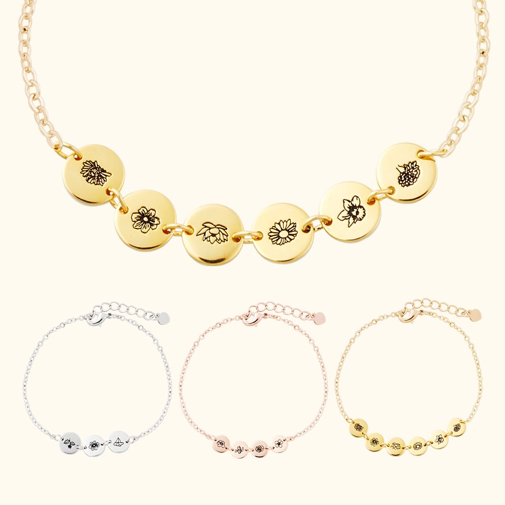 Bracelet Personnalisé de 1 à 6 Fleurs avec Naissance Gravées Cadeau d'Anniversaire Fête des Mères pour Maman Grand-mère