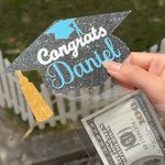 Personalised Glitter Graduation Cap Pull Out Money Gift Box Money Holder with Name and 30pcs Transparent Bags Gift for Class of 2025 Graduates