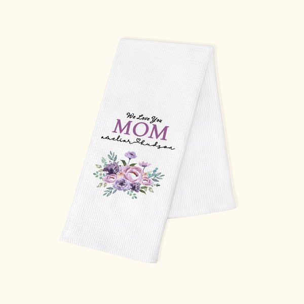 Gepersonaliseerde We Love You Mom Bloem 100% Katoenen Theedoek met Tekst Moederdag Verjaardagscadeau voor vrouwen