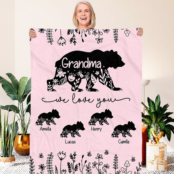 Couverture Polaire Personnalisée avec 1-10 Bébés Ours et Noms Cadeau de Fête des Mères pour Maman Grand-Mère