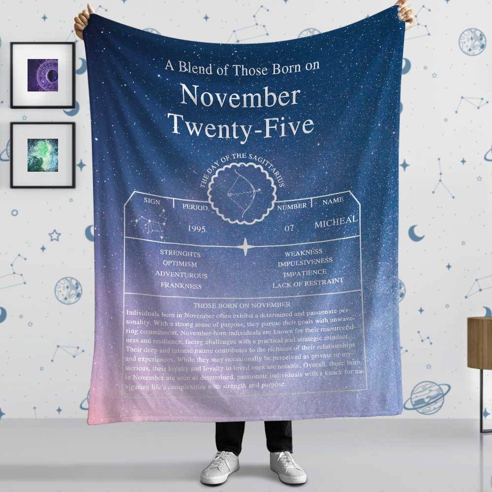 Couverture en Flanelle ou Sherpa Personnalisée avec Nom Date Signe du Zodiaque Cadeau d'Anniversaire pour Amateur d'Astronomie