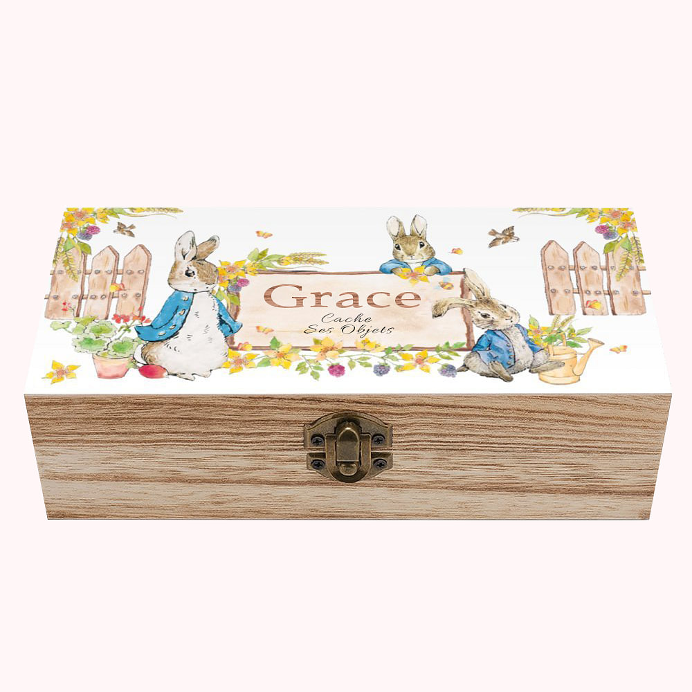 Boîte de Rangement en Bois Personnalisée avec Texte Lapin Pierre Cadeau d'Anniversaire de Pâques pour Enfants Ami