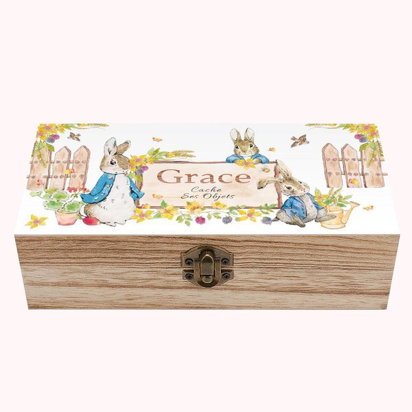 Boîte de Rangement en Bois Personnalisée avec Texte Lapin Pierre Cadeau d'Anniversaire de Pâques pour Enfants Ami