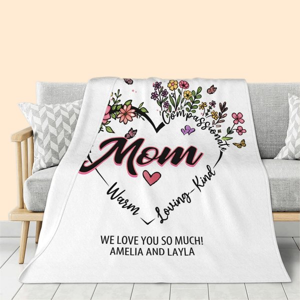 Couverture Personnalisée avec Texte à Motifs de Fleurs en Forme de Coeur Cadeau d'Anniversaire Fête des Mères pour Famille et Amis