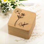 Personalized Wooden Engraved Birth Flower Ring Box with Double Slot and Name Wedding Engagement Proposal Gift for Couple