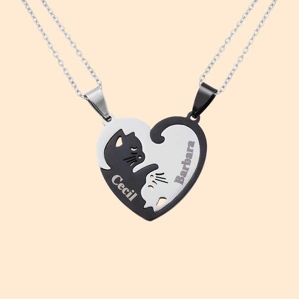 Collier de chat bicolore personnalisé avec noms gravés Cadeau d'anniversaire de Saint-Valentin pour couple d'amis
