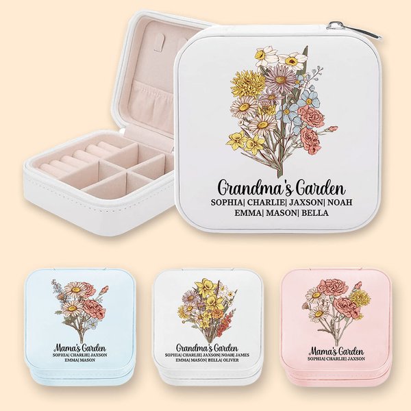 Personalisierte Aquarell Geburt Blume Bouquet Portable Leder Schmuckkoffer mit Namen Muttertag Geburtstag Geschenk für Frauen