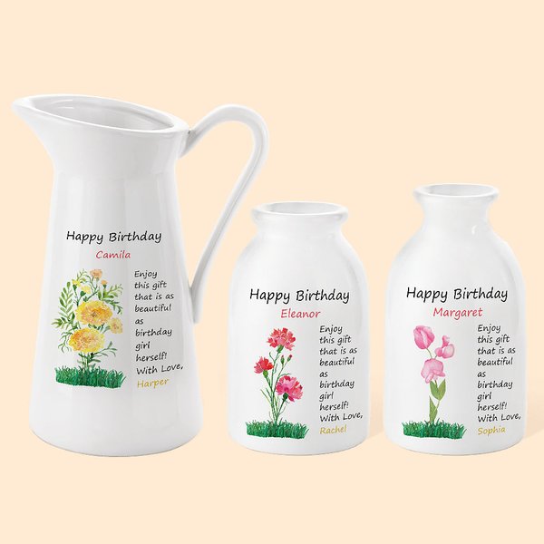 Vaso di ceramica personalizzato Happy Birthday Watercolor Birth Flower con nome Decorazione per la casa Regalo per la festa della mamma per la donna