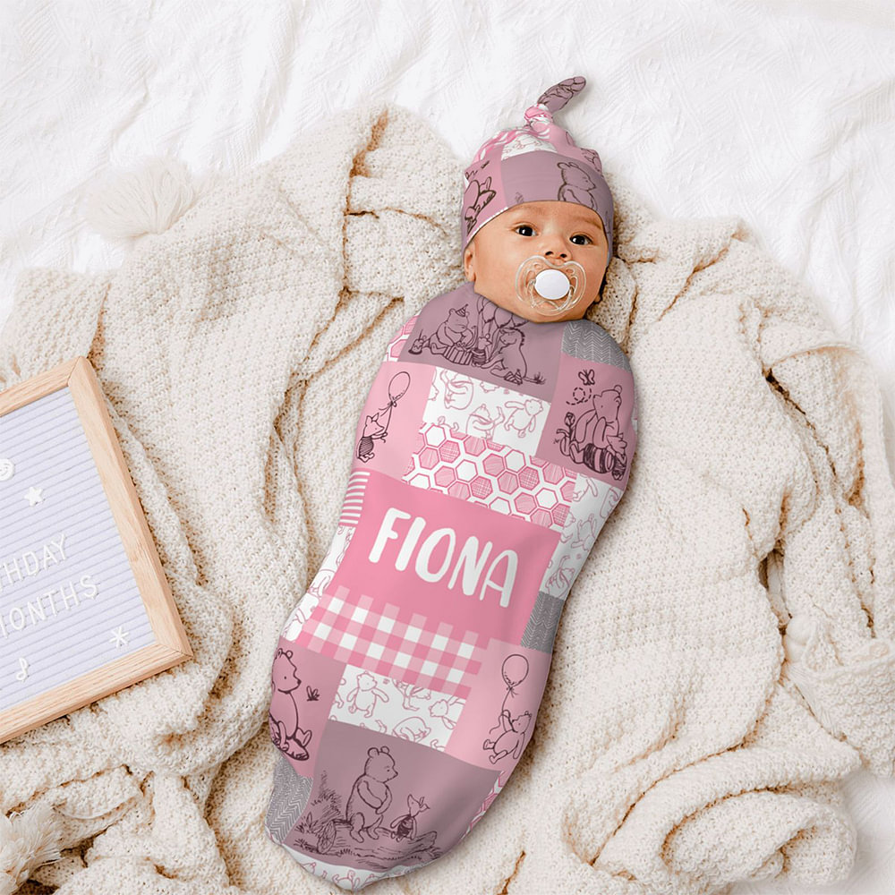 Discover Personalized Multicolor Collage Classic Winnie the Pooh 100% Cotton Baby Swaddle Sack and Hat Set with Name Baby Shower Gift for Newborn
