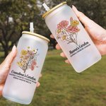 Personalized 20oz Vintage Watercolor Birth Flower 1-12 Names Glass Bottle with Bamboo Lid and Straw Mother’s Gift For Mom and Grandma