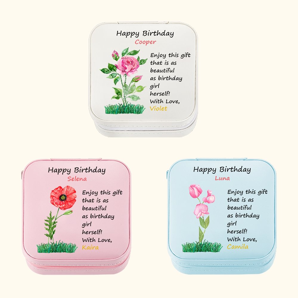 Boîte à Bijoux de Voyage Personnalisée avec Fleur Aquarelle et Noms Cadeau Anniversaire Fête des Mères pour Elle