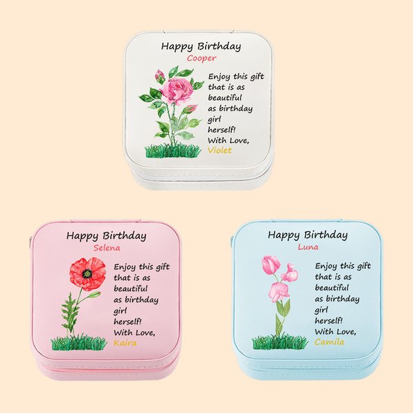 Boîte à Bijoux de Voyage Personnalisée avec Fleur Aquarelle et Noms Cadeau Anniversaire Fête des Mères pour Elle