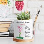 Personalised Watercolor Birth Flower Blessing Names Ceramic Plant Pot with Bamboo Base Mother's Day Birthday Gift for Woman