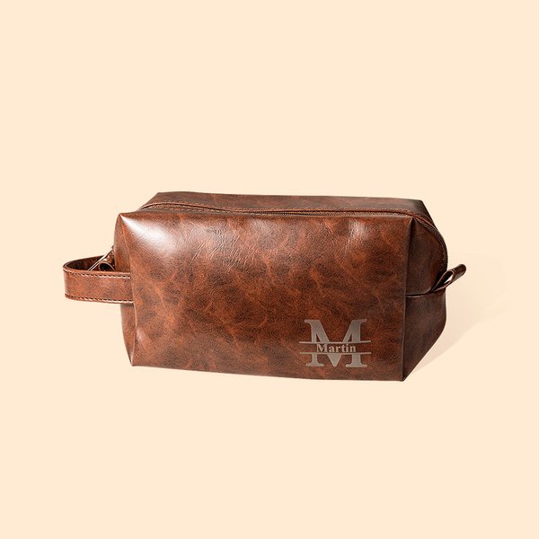 Personalized Engarved Monogram Waterproof Leather Toiletry Bag with Handle Groomsmen Anniversary Father's Day Gift for Men