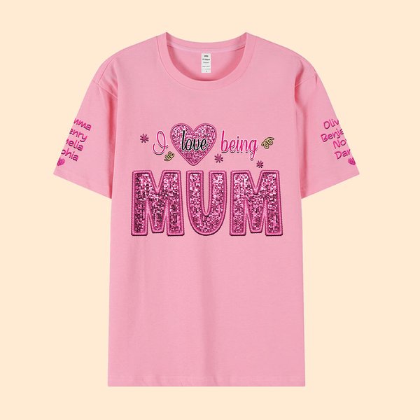 Personalised Colourful Faux Embroidery Sequin Love T-shirt Sweatshirt with Names Birthday Mothers Day Gift for Grandma Mom