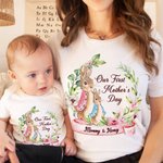 Personalized Our First Mother’s Day Peter Rabbit Bunny Floral Adult T-Shirt and Baby Onesie with Names Mother’s Day Gift for Baby New Mom