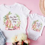 Personalized Our First Mother’s Day Peter Rabbit Bunny Floral Adult T-Shirt and Baby Onesie with Names Mother’s Day Gift for Baby New Mom