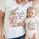 Personalized Our First Mother’s Day Peter Rabbit Bunny Floral Adult T-Shirt and Baby Onesie with Names Mother’s Day Gift for Baby New Mom