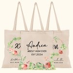 Personalized Best Mom Ever Floral Canvas Tote Bag with Name and Text Birthday Mother's Day Gift for Woman