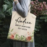 Personalized Best Mom Ever Floral Canvas Tote Bag with Name and Text Birthday Mother's Day Gift for Woman
