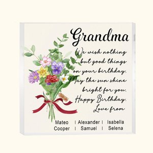 Personalized Birth Flower Bouquet Square Acrylic Block with Name and Greeting Message Birthday Gift for Best Friend Mom Grandma