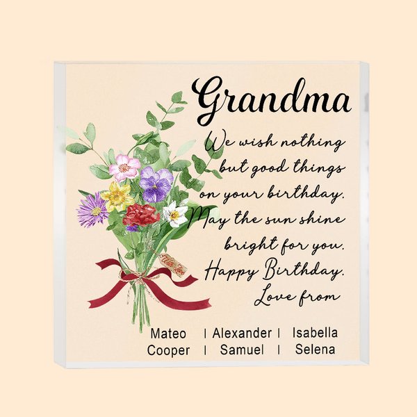 Gepersonaliseerd Geboortebloem Boeket Vierkant Acryl Blok met Naam en Wensbericht Verjaardagscadeau voor Beste Vriendin Mam Oma