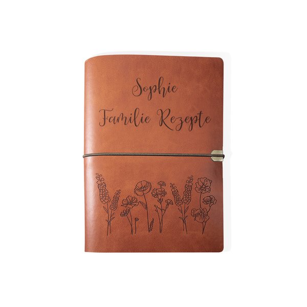 Personalisiertes Notebook Ringbuch Rezeptbuch mit Ledereinband und Gummiband Blumenmotiven Muttertag Geburtstag Geschenk für Damen Mutter