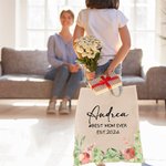 Personalized Best Mom Ever Floral Canvas Tote Bag with Name and Text Birthday Mother's Day Gift for Woman