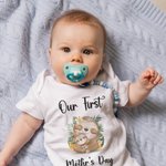 Personalized Our First Mother’s Day Sloth Baby Onesie and Mommy Matching T-Shirt with Names and Year Gift for Baby New Mom