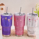 Personalized Watercolor Birth Flower 30oz Insulated Tumbler with Name and Love Grows Here Quote Birthday Gift for Mom Grandma