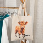 Personalized Highland Fluffy Cow Tote Bag with Name Canvas Shopper Bag Birthday Gift for Friend Family